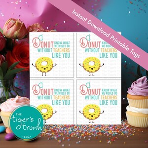 Etiquetas imprimibles de agradecimiento para maestros, con temática de donas: "Gracias, no sé qué haría sin ti", etiquetas de regalo de descarga instantánea, 4 por página