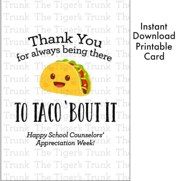 School Counselor Gifts, Printable Cards, Counselor Appreciation Card, Counselor Appreciation Week, Digital Cards, Thank You Cards, Taco Card