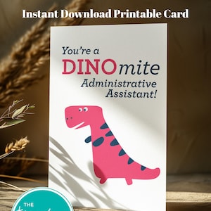 Cartão de agradecimento para assistente administrativo para impressão, tema de dinossauro para download instantâneo, agradecimento digital engraçado para o dia do administrador, presente para funcionários do escritório