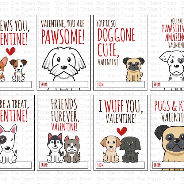 Puppy Dog Valentine Cards for Classroom, Printable Valentines, Valentines Gift Tags, Class Valentines, Puppy Valentines for Kids