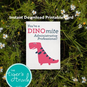Cartão de agradecimento profissional administrativo para impressão, tema de dinossauro para download instantâneo, agradecimento engraçado ao dia do administrador, presente para funcionários do escritório