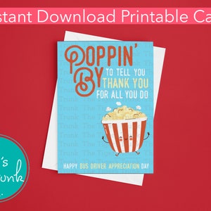 Popcorn Theme Printable Card per apprezzamento dell'autista di scuolabus, download immediato di Popcorn Card per dolcetto, Poppin By per dire grazie Card