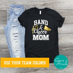 Band and Cheer Mom Shirt with Megaphone and Music Notes, Personalized with School Colors, Custom Spirit Wear Tee for Dual Sport Moms