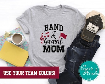 Band and Guard Mom Shirt with Flag and Music Notes, Personalized School Spirit Tee in Custom Colors, Marching Band and Color Guard Support