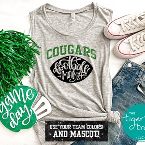 Personliazed Football Mom Muscle Tank, Glitter Football Mama Shirt, Team Colors Football Tank, Custom Mascot Game Day Tshirt, School Spirit