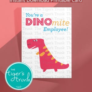 Afdrukbare waardering werknemers, direct downloaden dinosaurusbedankkaart, cadeau voor werkplekherkenning, dankbaarheidsbriefje collega met dinosaurusthema