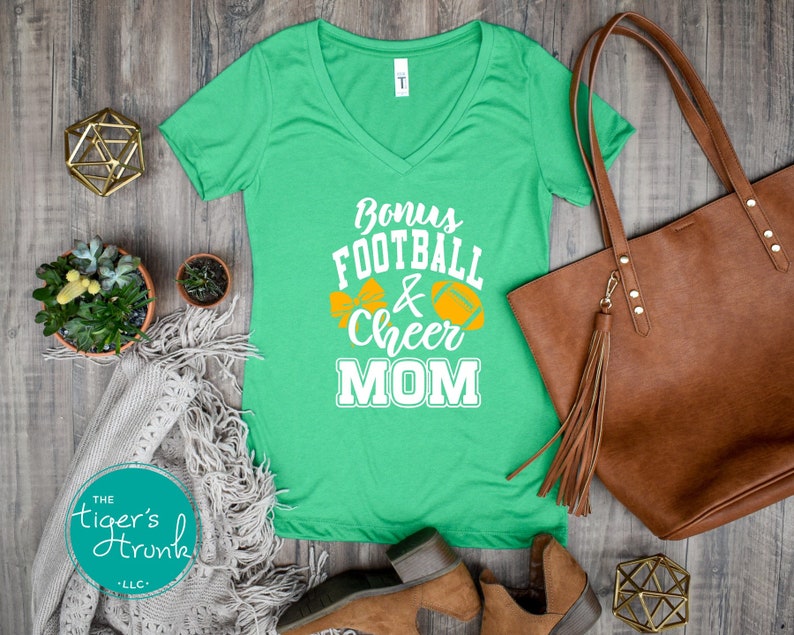 Personalized Bonus Football and Cheer Mom v-neck tee Football Mom Cheer Mom Bonus Mom Gift Step Mom Gift