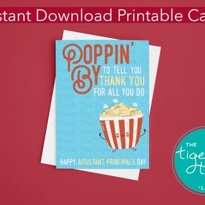 Afdrukbare waarderingskaart adjunct-directeur, instant download popcornthema, grappig bedankkaartje pdf-formaat, Admin Week DIY-schoolcadeau