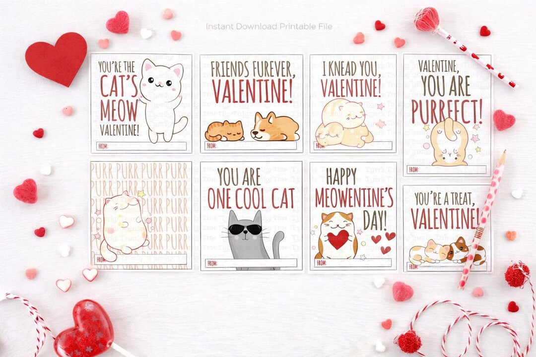 Printable Cat Valentine Cards, Kids Classroom Valentines (digital ...