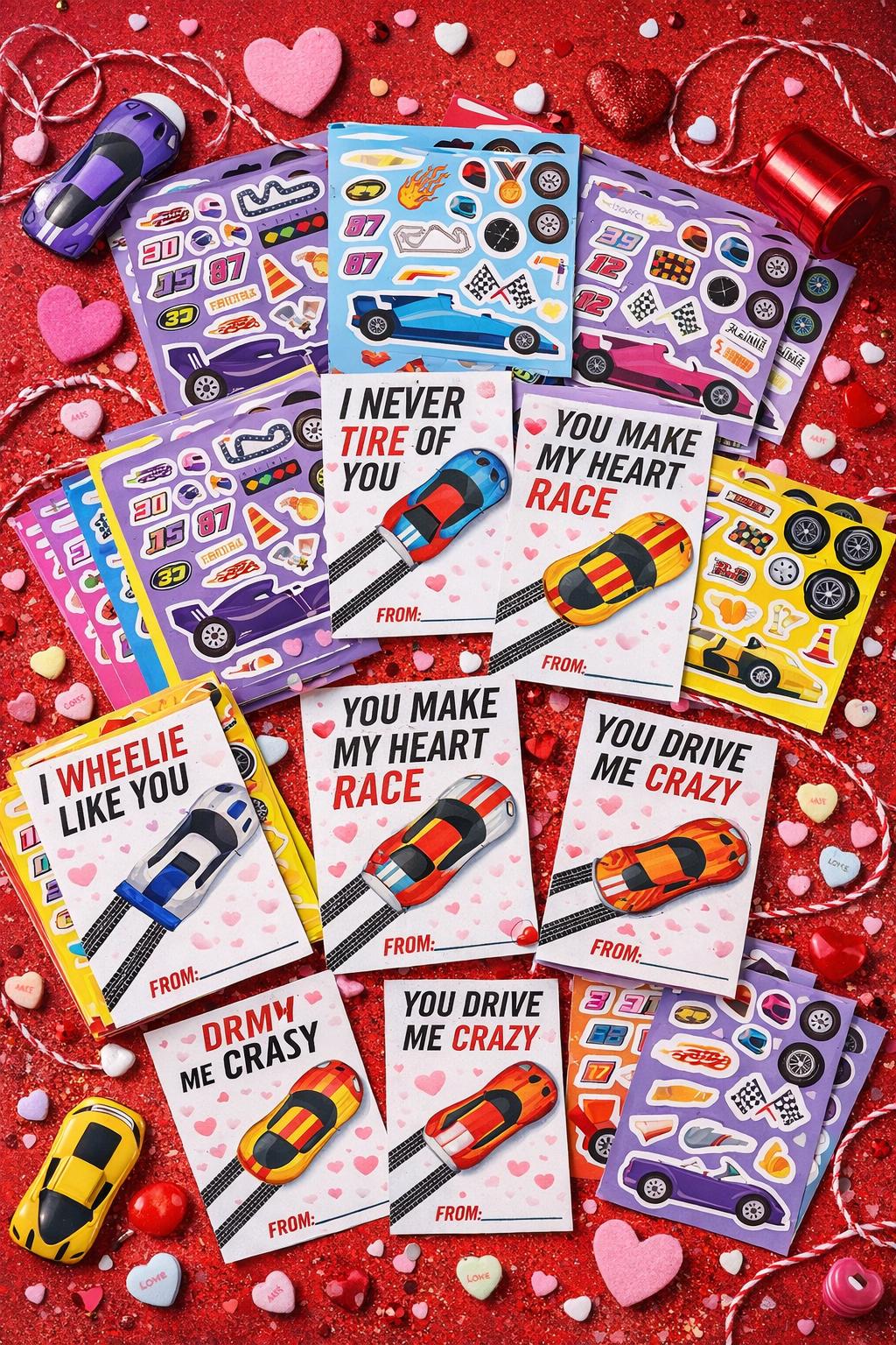 Race Car Valentine Cards for Kids, Printable Classroom Valentines, Car ...