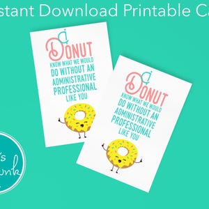 Cartão de agradecimento profissional administrativo para impressão, tema de donut para download instantâneo, agradecimento digital engraçado do dia do administrador, presente para funcionários do escritório