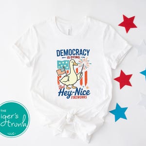 Democracy Is Dying Shirt Funny Political Goose Graphic Tee, Anti Trump July 4th Sarcastic Sparkler Shirt, Unisex Patriotic USA Humor Top