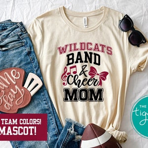 Band and Cheer Mom Shirt with Bow and Music Notes, Personalized with School Colors and Mascot Name, Custom Spirit Wear for Game Day