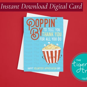 Regali a tema popcorn per il riconoscimento dei volontari, biglietto "Poppin' By to Say Thank You", biglietto stampabile per la settimana di apprezzamento dei volontari, biglietto popcorn