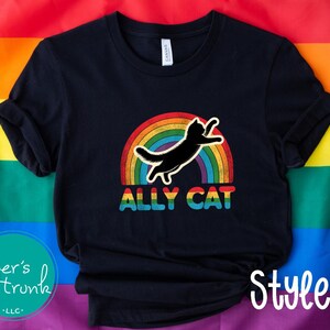 Ally Cat LGBTQ+ Pride T-Shirt, Rainbow Kitty Graphic Tee for Queer Allies, Funny Cat Lover Inclusive Shirt, Cute Supportive Pride Top