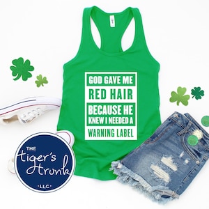 Funny St. Patrick’s Day Tank Top, Red Hair Warning Label Shirt, Irish Ginger Pride Racerback, Lucky St. Paddy’s Tank, Sassy Irish Humor Tee