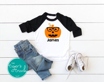 Personalized Pumpkin Raglan Shirt, Family Halloween Shirts, Funny Fall-Themed Shirt, Pumpkin with Glasses, Fall Family Shirt