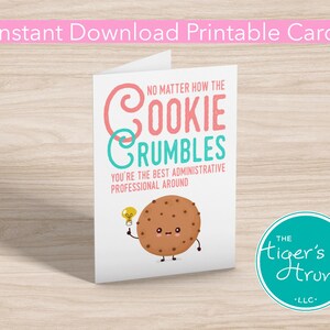 Cartão de agradecimento profissional administrativo para impressão, tema de cookie para download instantâneo, agradecimento digital engraçado do dia do administrador, presente para funcionários do escritório