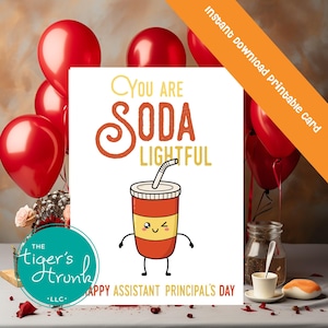 Afdrukbare waarderingskaart adjunct-directeur, frisdrankthema instant download, grappig bedankkaartje, pdf-formaat, DIY-schoolcadeau, Admin Week