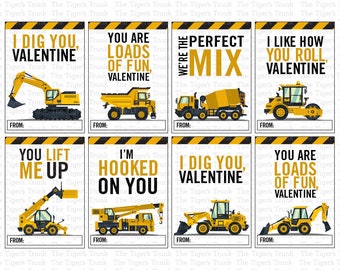 Tarjeta de San Valentín de construcción para niños, Día de San Valentín imprimible de camiones de construcción, Tarjetas Vday imprimibles de vehículos de construcción para el aula