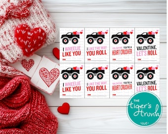 Valentine’s Day Truck Printable Cards, Instant Download Kids Valentines, Set of 4 Unique Designs for Classmates, DIY Holiday Exchange Cards