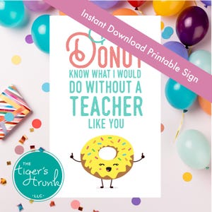 Letrero de agradecimiento para profesores imprimible, descarga instantánea en PDF con temática de donas, "No sé qué haría sin ti", una linda idea de decoración para el aula.
