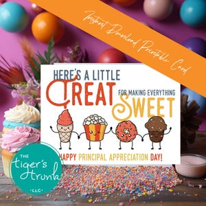Printable Principal Appreciation Card, Instant Download Treat Theme Card, Funny Thank You Card, PDF Format, DIY School Gift, Principal Week