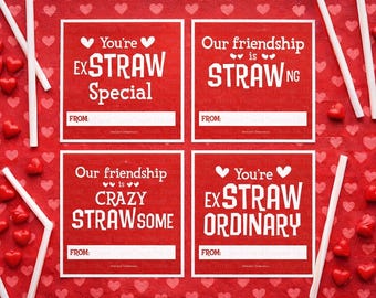 Silly Straw Square Printable Valentine's Day Cards