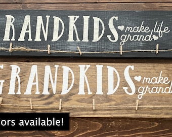 Hand-Painted Wooden Photo Display Sign, Grandkids Make Life Grand, Handmade Sign, Grandparent Gift for Grandma and Grandpa