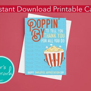 Carte de remerciement imprimable pour employé, carte de remerciement sur le thème pop-corn à téléchargement immédiat, cadeau de reconnaissance sur le lieu de travail, note de gratitude d'un collègue