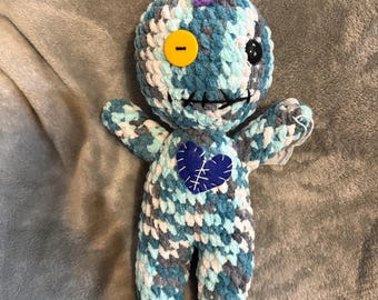 Crochet Voodoo plush doll. Teal/grey/white