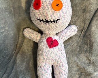 Crochet Voodoo plush doll. Pink/purple/white. Pink heart