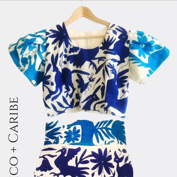 Cobalt blue and Caribe Blue Otomi “PACIFICO & CARIBE” Crop Too and Pencil skirt. Hand embroidered otomi set.
