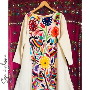 Long Bohemian otomi dress “CHOLULA” Tunic Otomi Mexican wedding dress Plus size dress multicolor hand embroidered by otomi artisans