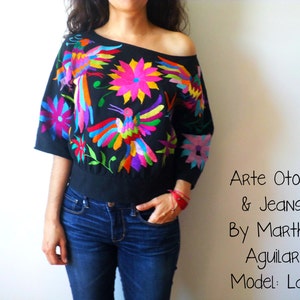 Beautiful Otomi Blouse Hand embroidered by #Otomi women. Black blouse  multicolor embroidery. Model "M’üi" or "Life" in Otomí