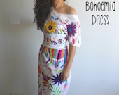 Long Bohemian chic otomi dress Tunic Otomi Mexican wedding dress long dress Plus size dress multicolor hand embroidered by otomi women