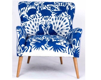 Mid-Century Style Lounge Chair, Bohemian Cobalt Blue Otomi Hand Embroidery, Boho Chic Chair Style, Modern