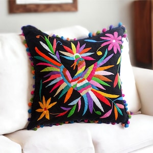 Otomi Pillow sham Multicolor 100% Linen-  hand embroidered by Otomi indigenous women. Backstrap loom fabric in the back - Pompoms - Birds