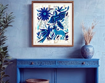 Shades of Blue Otomi Wall Decoration | Hand Embroidery Mexican textile Art Wall Decor | hanging for living room Entry Way New Home Gift