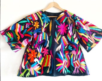 Black multicolor Otomi Short kimono style jacket | Cotton | Hip length