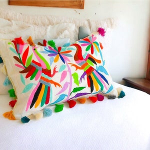 Otomi pillow shams Multicolor - Otomi pillow case - Otomi Pillow cover - hand embroidered Pom poms - tassels