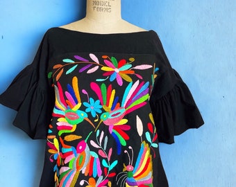 PAJARITOS ruffled sleeves lose fit otomi blouse Black multicolor Boat Neck Bell Flared Sleeves