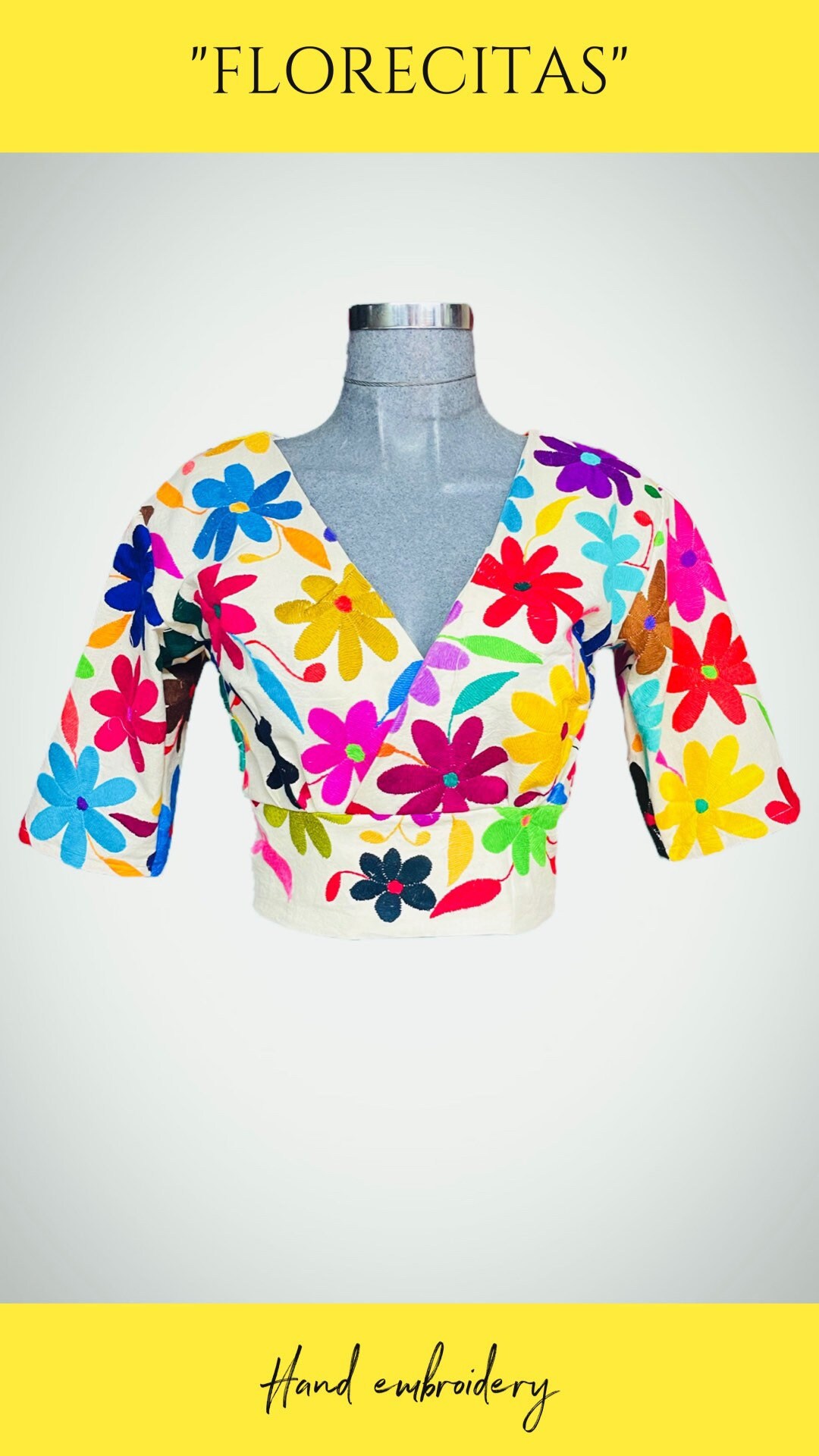 Wrapped V Neck Otomi Blouse Top Hand Embroidered by #otomi Crop Top  Otomi Blouse Multicolor XOCHIMILCO