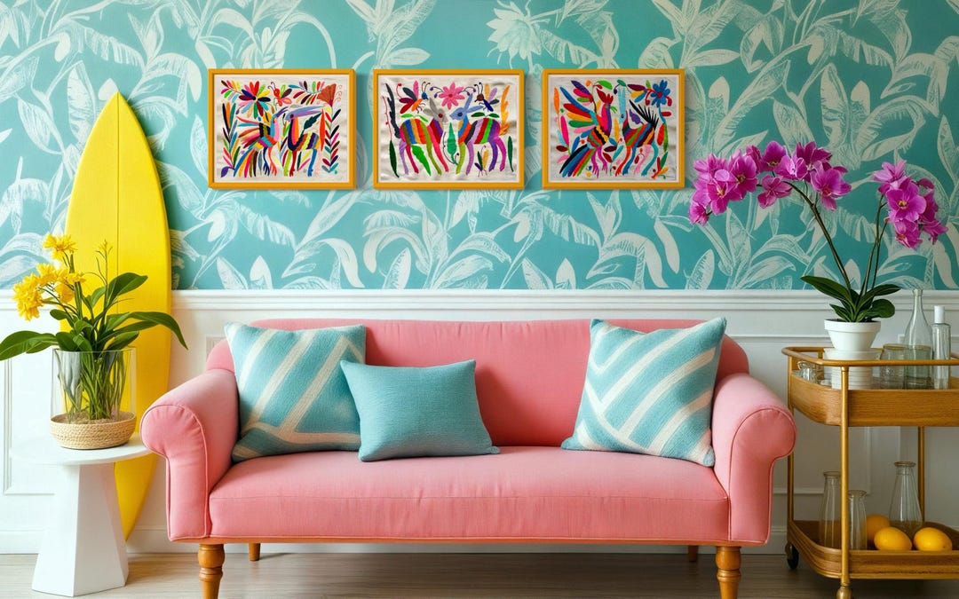 Set of 3 Otomi Embroidery Wall Art, Mexican Folk Art Textiles, Unframed ...