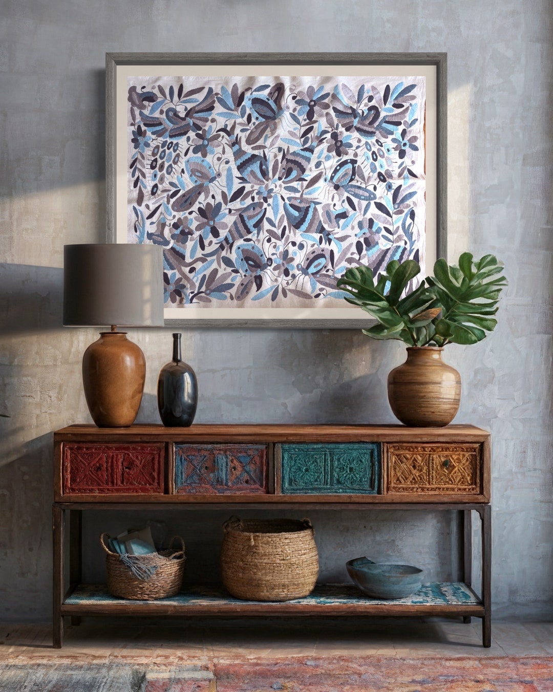 Shades of Gray and Blue Wall Decor Cloth Hand Embroidered 36x29??? by