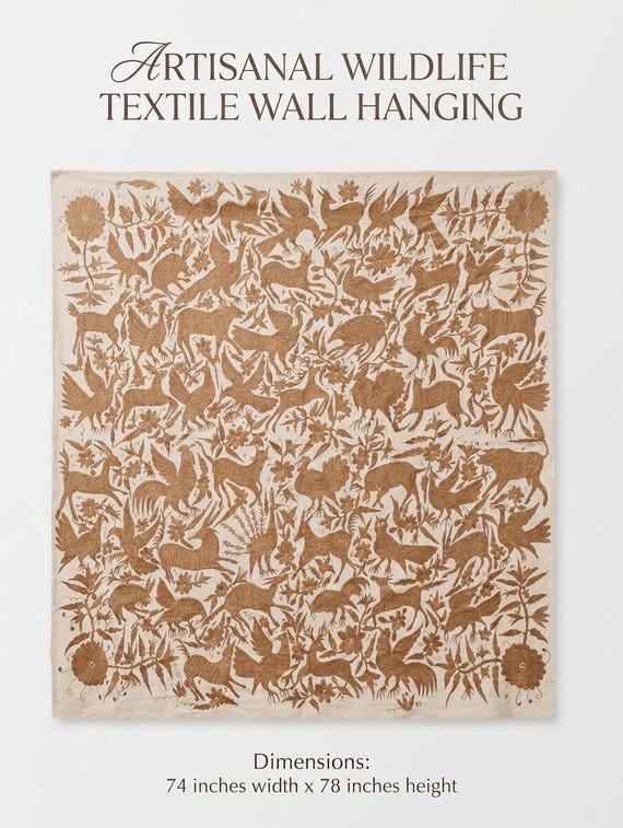 Hand Embroidered Otomi Tablecloth or Camel Bed Coverlet or Duvet cover, Earthy Tone Wall Decor, Unique Housewarming Gift, Impressive WallArt