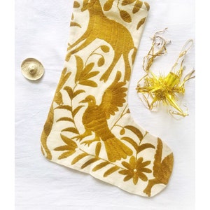 OTOMI CHRISTMAS STOCKING - Gold - Hand embroidery by indigenous artisans- Mexican Ornaments