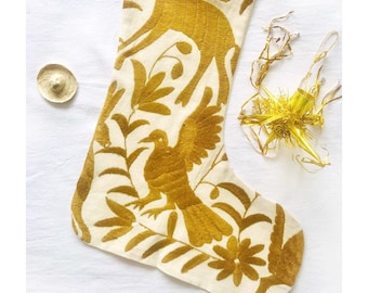OTOMI CHRISTMAS STOCKING - Gold - Hand embroidery by indigenous artisans- Mexican Ornaments