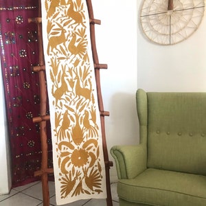 Gold off white embroidery handmade by Otomi indigenous artisans. Table runner 18x72
