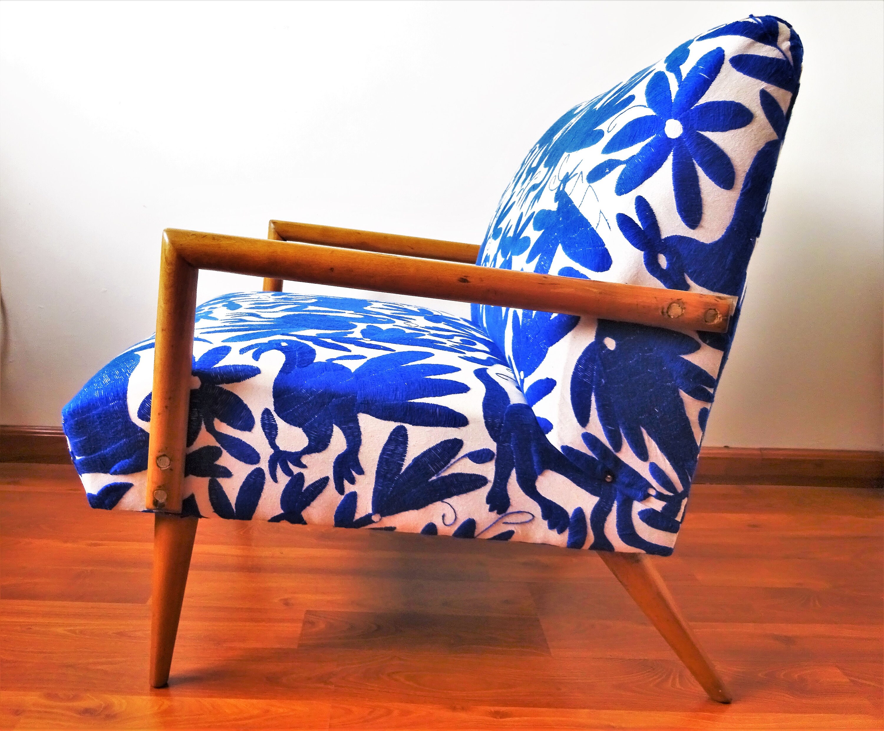 Mid century Style Lounge Chair Bohemian Cobalt Blue Otomi Hand